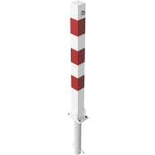 Barrier posts | Steel tube 70 x 70 mm | foldable, with Euro profile cylinder lock | for casting in concretewith ground socket part-no. 470.60approx. 400 mm below ground | hot-dip galvanized and white coatedwith three red reflecting stripes | without eyelet